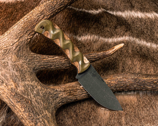 Cav Jr - OD Green Canvas Micarta Over Black Ash Burl, Brass Mosaic Pins, Brass Lanyard Pin, Textured Grip