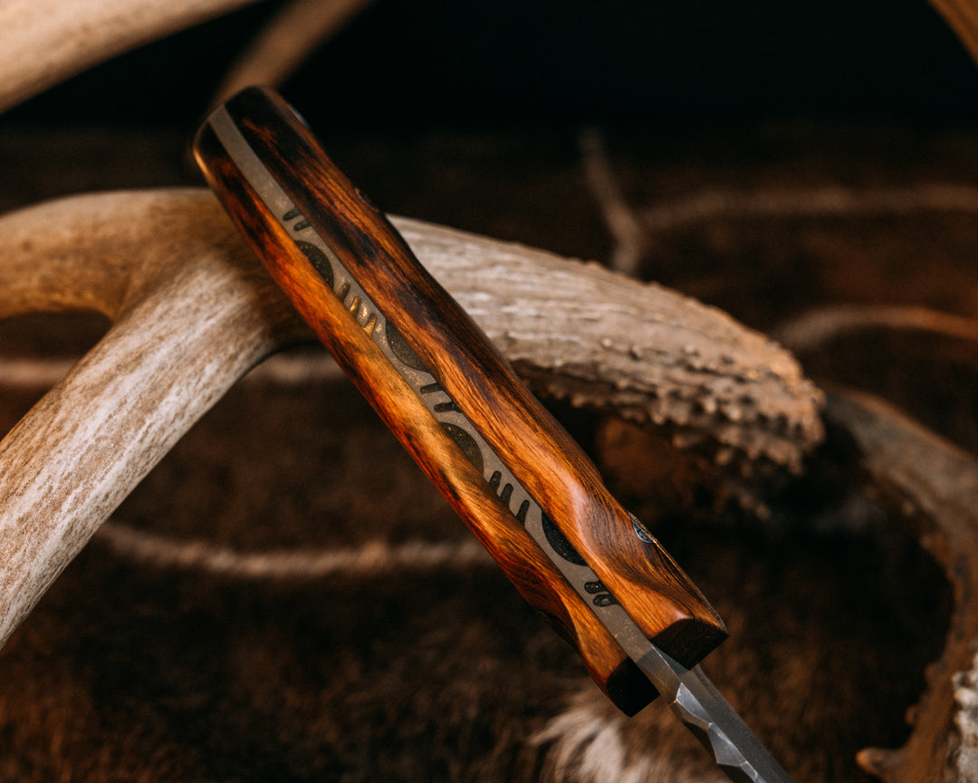 Crow Scout Drop Point- Desert Ironwood, Mosaic Pins, Silver Lanyard Pin, Grooved Grip