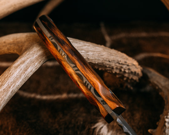 Crow Scout Drop Point- Desert Ironwood, Mosaic Pins, Silver Lanyard Pin, Grooved Grip