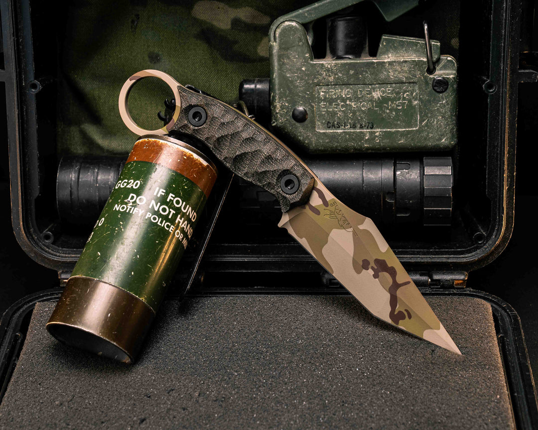 Ringed Tac Tanto- OD Green Canvas Micarta, Arid Multicam Cerakote, Allen Bolts, Textured Grip