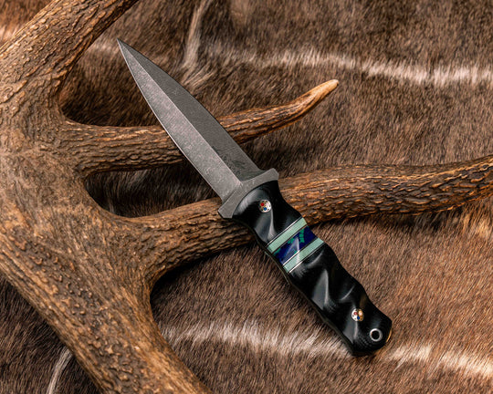 Combat Dagger- Black G10, Aluminum Pin Striping, Tiffany Blue G10 and Azurite Tru-stone Split, Patriot Mosaic Pins, Aluminum Lanyard Pin, Textured Grip