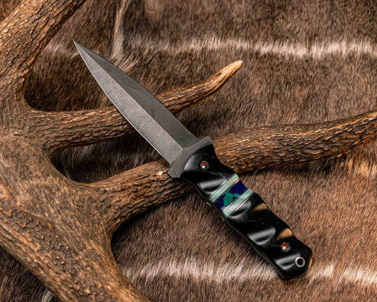 Combat Dagger- Black G10, Aluminum Pin Striping, Tiffany Blue G10 and Azurite Tru-stone Split, Patriot Mosaic Pins, Aluminum Lanyard Pin, Textured Grip