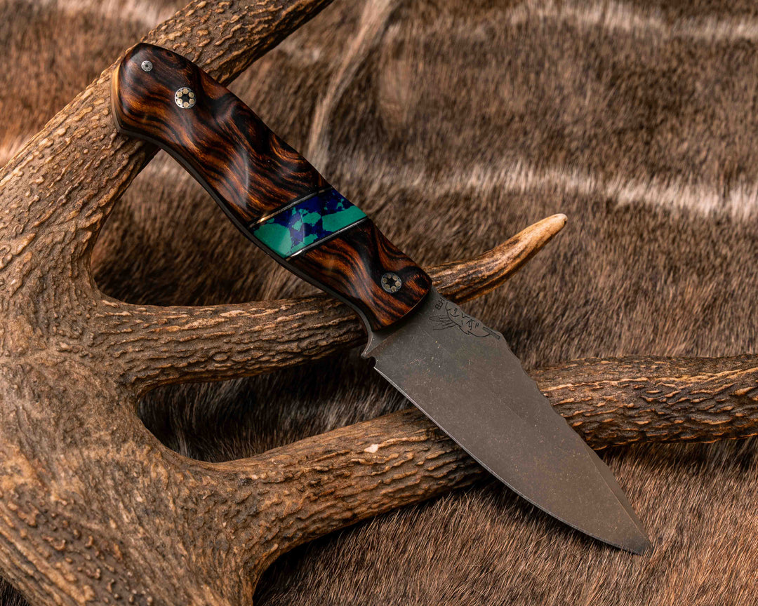 Field Knife- Desert Ironwood, Black G10 and Aluminum Pin Striping, Azurite Tru-stone Split, Mosaic Pins, Textured Grip