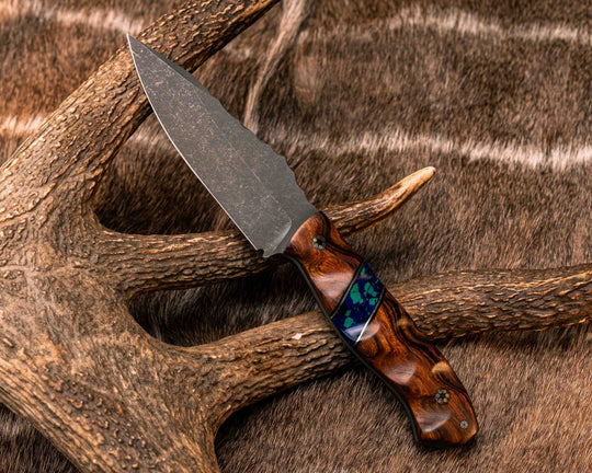 Field Knife- Desert Ironwood, Black G10 and Aluminum Pin Striping, Azurite Tru-stone Split, Mosaic Pins, Textured Grip