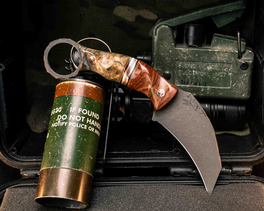 Karambito- Afzellia Burl, Natural Canvas Micarta, Black G10 and Copper Split, Buckeye Burl, Copper Patriot Mosaic Pins, Textured Grip