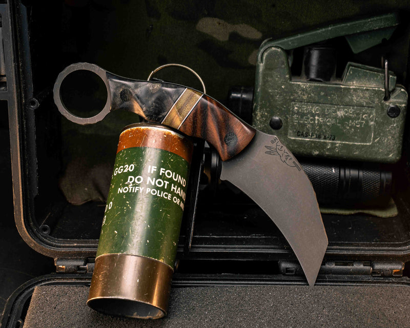 Karambito- Afzelia, Black G10, White G10, OD Green Canvas Micarta and Coyote G10 Split, Dyed Buckeye, Black Micarta Pins, Textured Grip