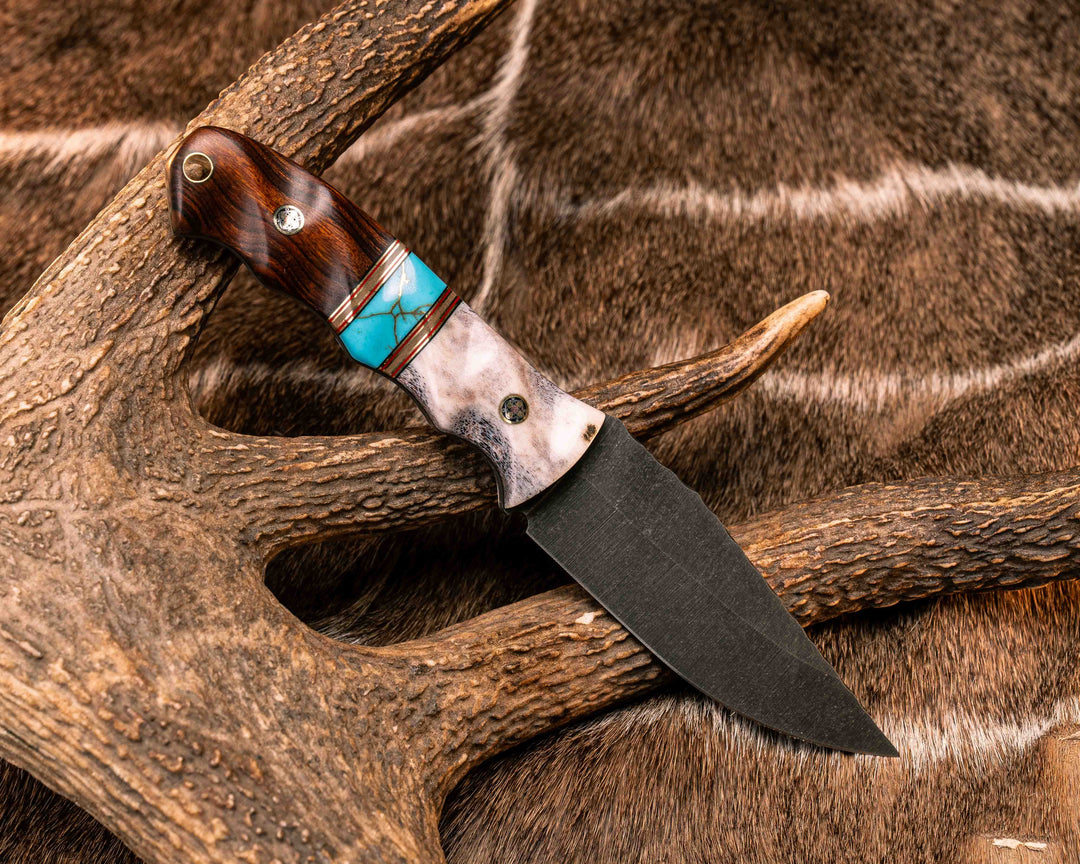 Disaster Crow Jr- Elk antler, Black G10, Coyote G10, Brass and Cherry G10 Pin Striping, Turquoise with Gold Web Tru-stone Split, Desert Ironwood, Mosaic Pins, Brass Lanyard Pin, Textured Grip