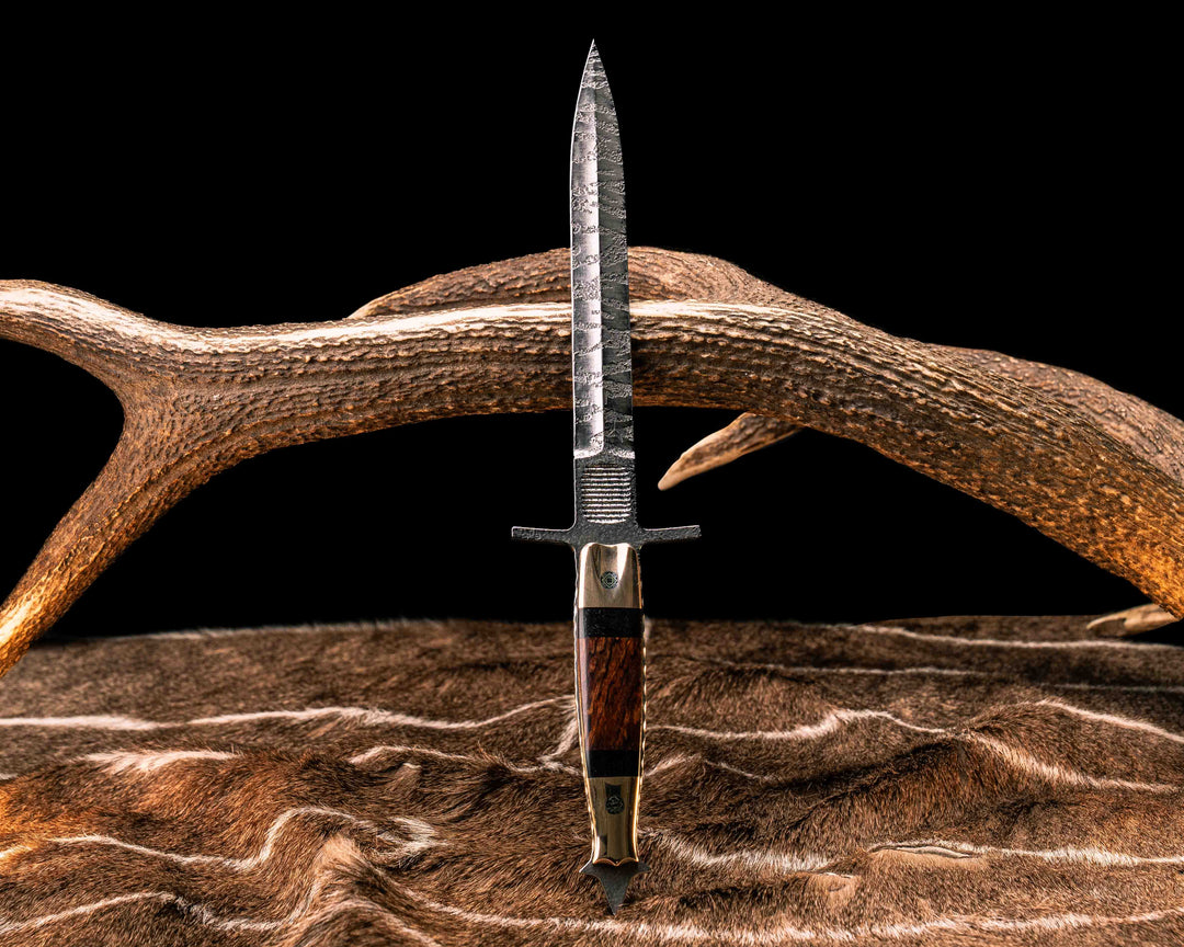 V-42 Dagger- Bronze Bolster, African Blackwood and Desert Ironwood Split, Mosaic Pins, Deep Acid Splash, Smooth Grip