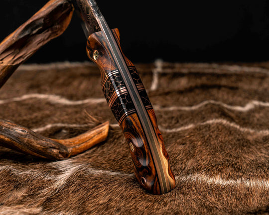 Widow Maker- Baker Forge CopperMai Raindrop (Ni Shim)- Desert Ironwood, Black G10 and Copper Pin Striping, Black with Copper Web Tru-stone Split, Mosaic Pins, Copper Lanyard Pin, Textured Grip
