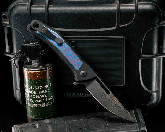 Custom Kwaiken Folder- Vegas Forge Honeycomb Damascus- White Lava Lamp Timascus Inlay- Anodized Black Handle, Smooth Grip, Deep Carry Pocket Clip