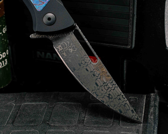 Custom Kwaiken Folder- Vegas Forge Honeycomb Damascus- White Lava Lamp Timascus Inlay- Anodized Black Handle, Smooth Grip, Deep Carry Pocket Clip