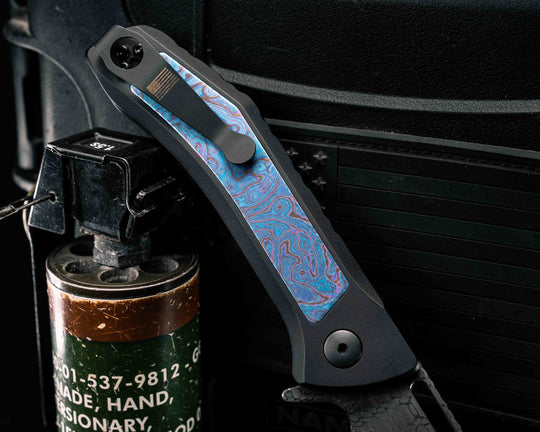 Custom Kwaiken Folder- Vegas Forge Honeycomb Damascus- White Lava Lamp Timascus Inlay- Anodized Black Handle, Smooth Grip, Deep Carry Pocket Clip