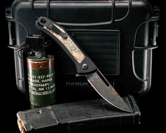 Custom Kwaiken Folder- Vegas Forge Reptilian Damascus- Vegas Forge Random Pattern Mokume Inlay, Anodized Black Handle, Smooth Grip, Deep Carry Pocket Clip