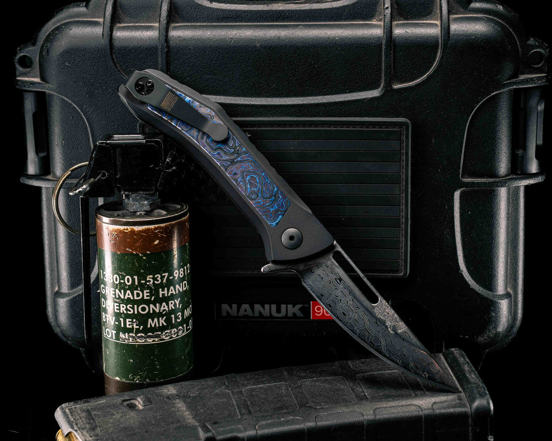 Custom Kwaiken Folder- Vegas Forge Reptilian Damascus- White Lava Lamp Timascus Inlay- Anodized Black Handle, Smooth Grip, Deep Carry Pocket Clip