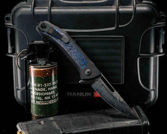 Custom Kwaiken Folder- Vegas Forge Reptilian Damascus- White Lava Lamp Timascus Inlay- Anodized Black Handle, Smooth Grip, Deep Carry Pocket Clip
