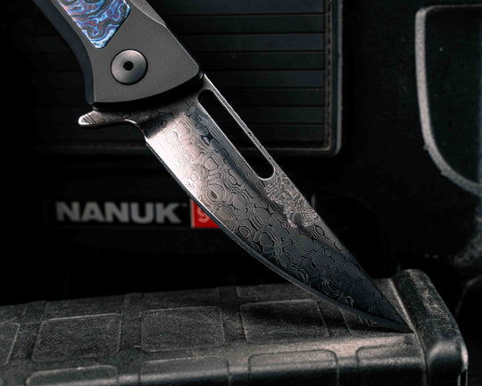 Custom Kwaiken Folder- Vegas Forge Reptilian Damascus- White Lava Lamp Timascus Inlay- Anodized Black Handle, Smooth Grip, Deep Carry Pocket Clip