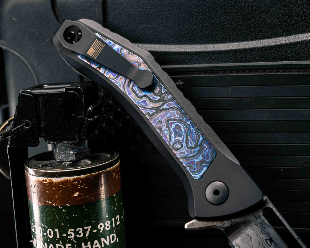Custom Kwaiken Folder- Vegas Forge Reptilian Damascus- White Lava Lamp Timascus Inlay- Anodized Black Handle, Smooth Grip, Deep Carry Pocket Clip