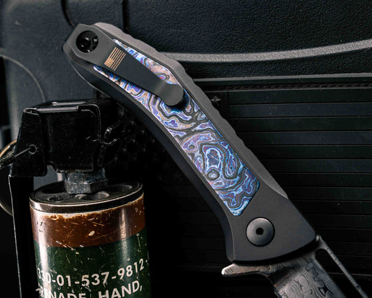 Custom Kwaiken Folder- Vegas Forge Reptilian Damascus- White Lava Lamp Timascus Inlay- Anodized Black Handle, Smooth Grip, Deep Carry Pocket Clip