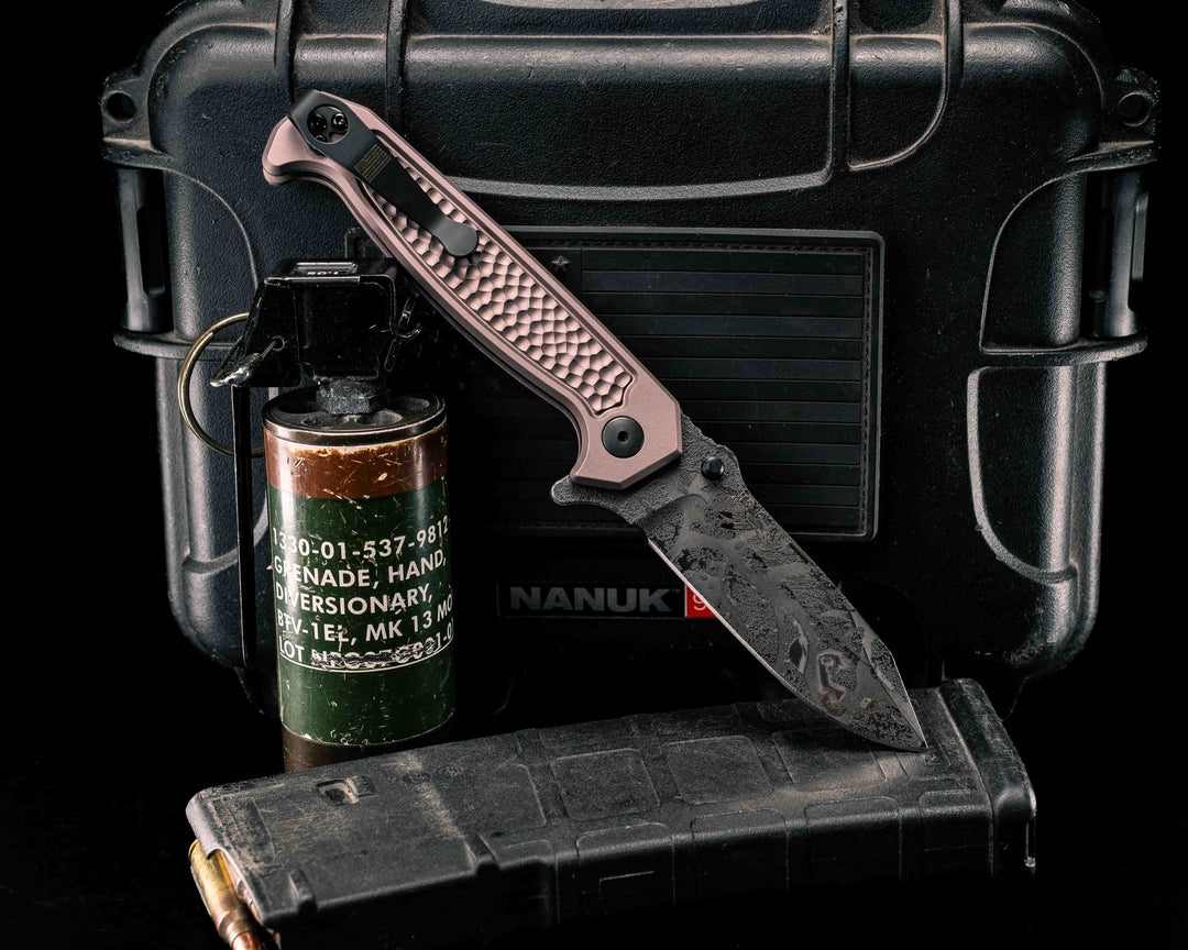 Custom Disaster Folder - Anodized Gray Handle, Acid Splashed Blade, Grenade Stippled Grip, Deep Carry Clip