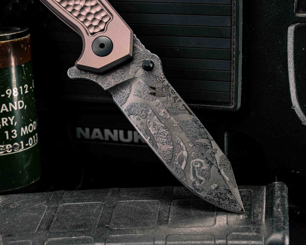 Custom Disaster Folder - Anodized Gray Handle, Acid Splashed Blade, Grenade Stippled Grip, Deep Carry Clip