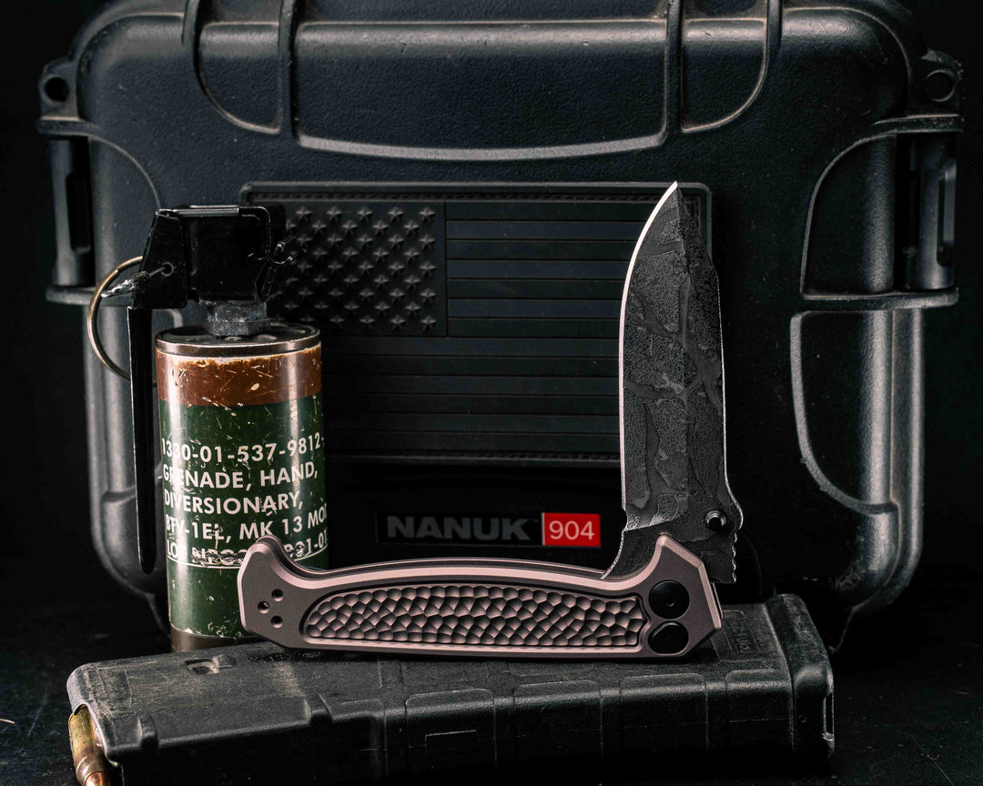 Custom Disaster Folder - Anodized Gray Handle, Acid Splashed Blade, Grenade Stippled Grip, Deep Carry Clip