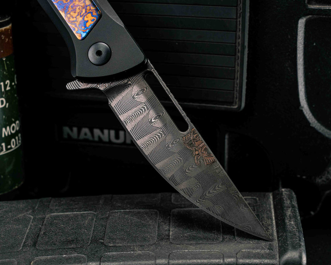 Custom Kwaiken Folder- Vegas Forge Basketweave Damascus- White Moire Timascus Inlay- Anodized Black Handle, Smooth Grip, Deep Carry Pocket Clip