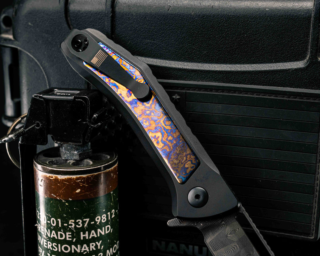 Custom Kwaiken Folder- Vegas Forge Basketweave Damascus- White Moire Timascus Inlay- Anodized Black Handle, Smooth Grip, Deep Carry Pocket Clip