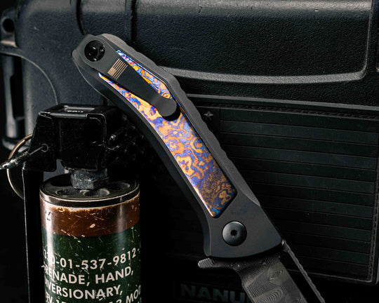 Custom Kwaiken Folder- Vegas Forge Basketweave Damascus- White Moire Timascus Inlay- Anodized Black Handle, Smooth Grip, Deep Carry Pocket Clip
