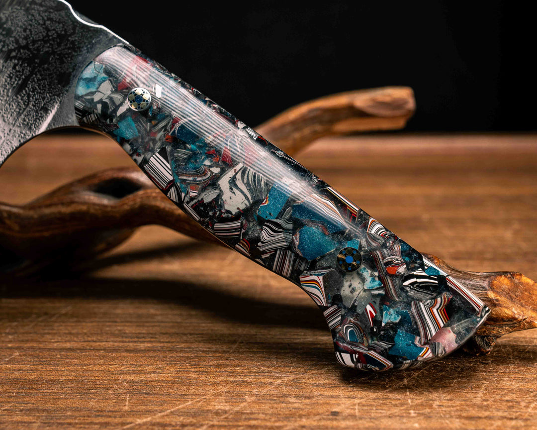 Chef Blade- Crushed Fordite in Resin, Mosaic Pins, Smooth Grip