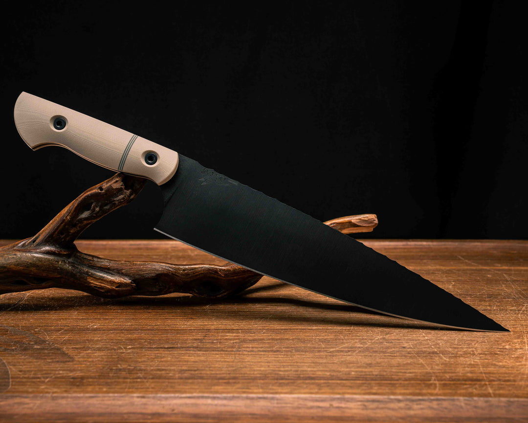 Chef Blade 10"- Desert Tan G10, Grey and White Split, Armor Black Cerakote, Allen Bolts, Smooth Grip
