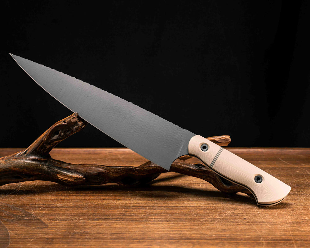 Chef Blade 10"- Desert Tan G10, Grey and White Split, Armor Black Cerakote, Allen Bolts, Smooth Grip