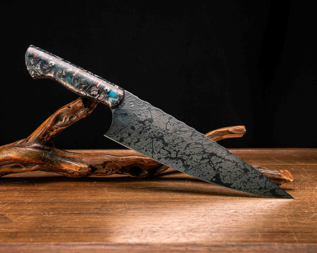 Chef Blade- Crushed Fordite in Resin, Mosaic Pins, Smooth Grip
