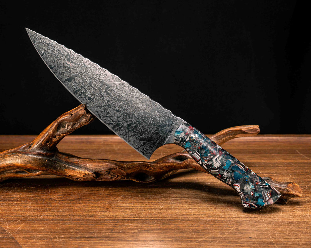 Chef Blade- Crushed Fordite in Resin, Mosaic Pins, Smooth Grip