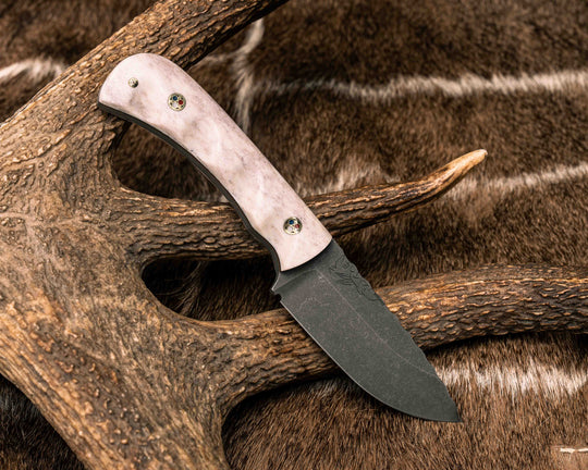 Cav Jr- Elk Antler, Patriot Mosaic Pins, 1/8" Brass Mosaic Pin, Black and Coyote G10 Liner, Textured Grip