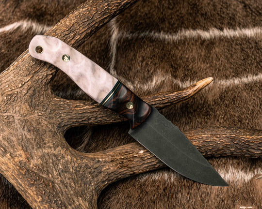 Crow Jr- Desert Ironwood, Black G10, Forest Green G10 and Brass Split, Elk Antler, Brass Mosaic Pin, Textured Grip
