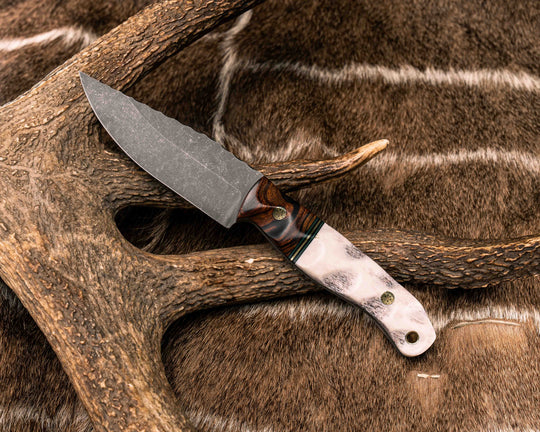 Crow Jr- Desert Ironwood, Black G10, Forest Green G10 and Brass Split, Elk Antler, Brass Mosaic Pin, Textured Grip