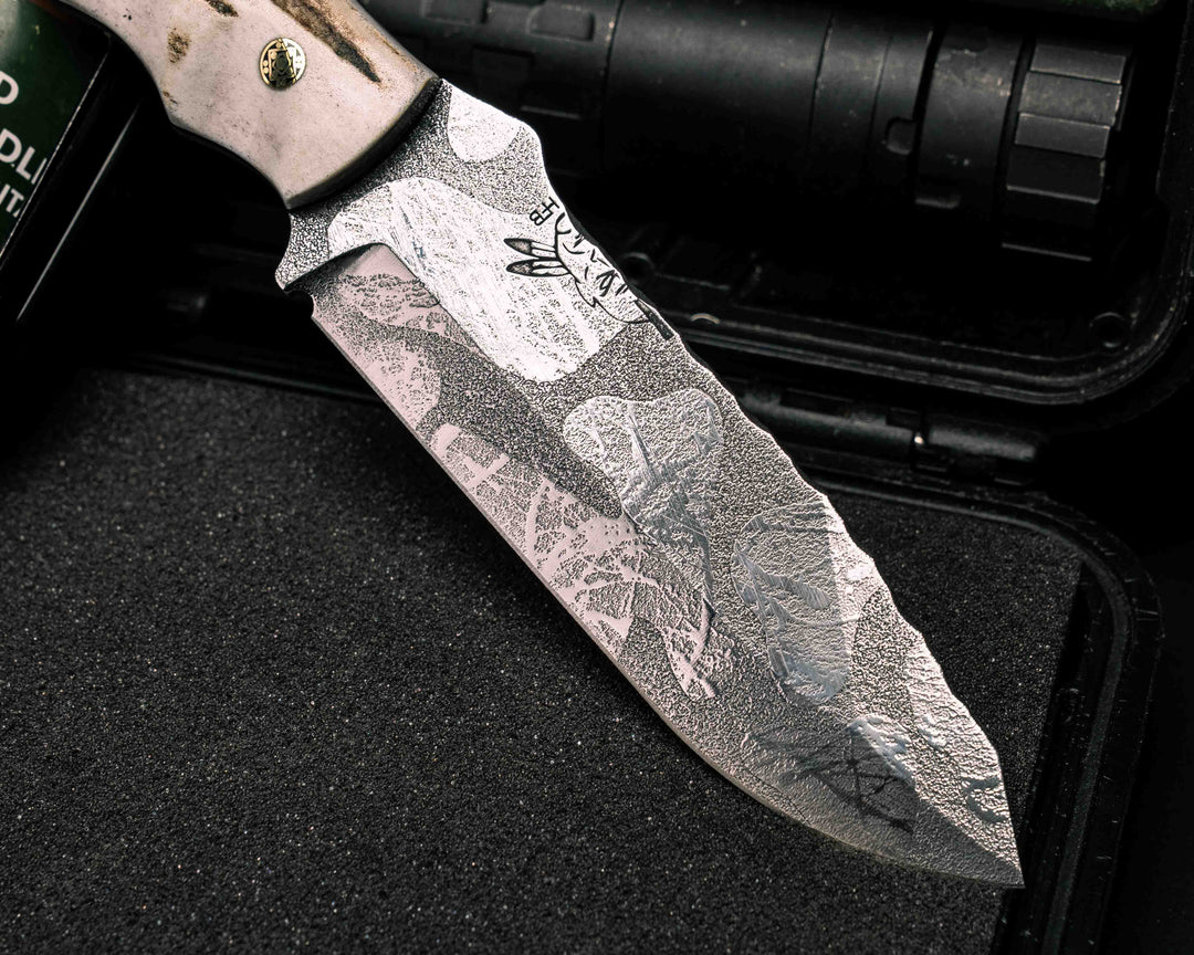 Disaster Breacher- Elk Antler, Brass Mosaic Pins, Brass Lanyard Pin, Textured Grip