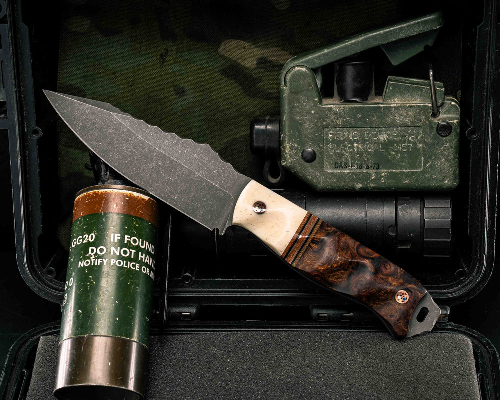 Field Knife- Giraffe Bone, Natural Canvas Micarta, Black G10 and Copper Split, Desert Ironwood, Copper Patriot Pins, Textured Grip