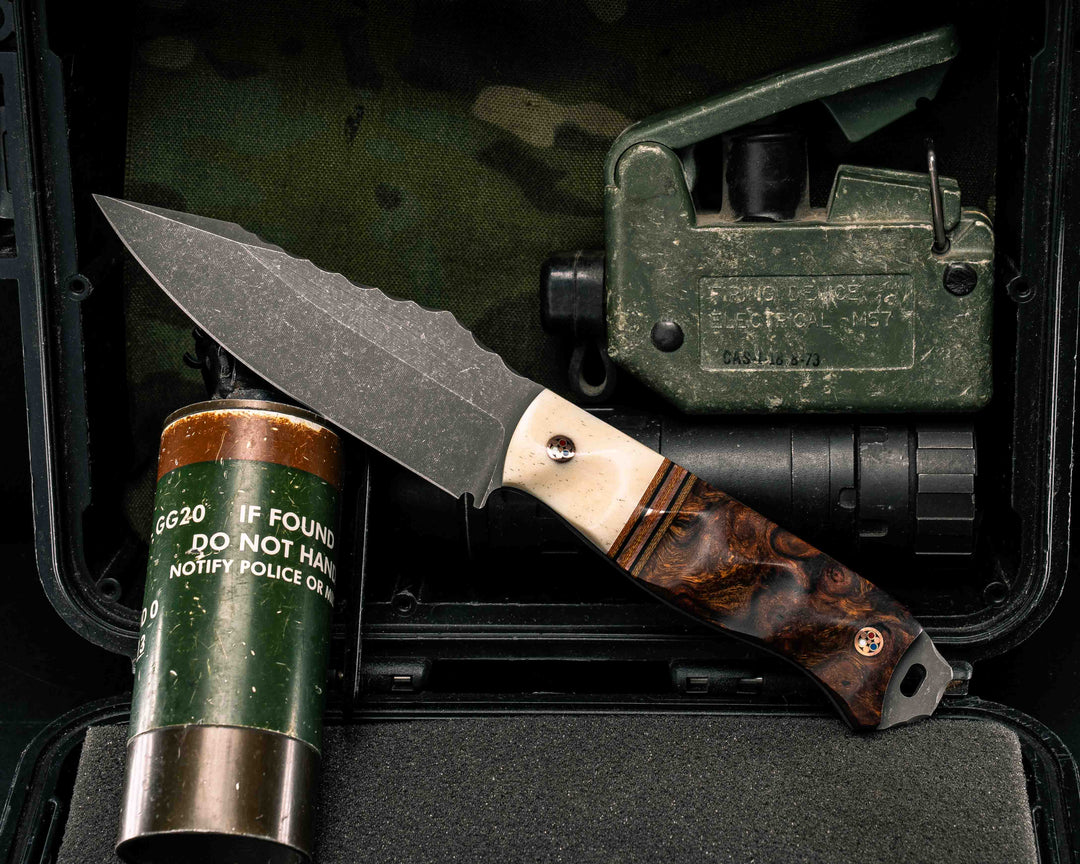 Field Knife- Giraffe Bone, Natural Canvas Micarta, Black G10 and Copper Split, Desert Ironwood, Copper Patriot Pins, Textured Grip
