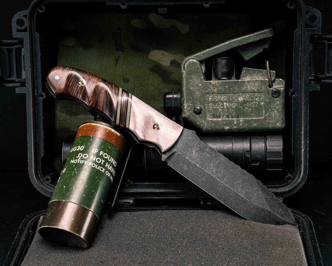 Disaster Breacher- Elk Antler, Desert Tan G10 and Copper Split, Hawaiian Curly Koa, Copper Patriot Mosaic Pins, 1/8" Copper Patriot Mosaic Pin, Textured Grip