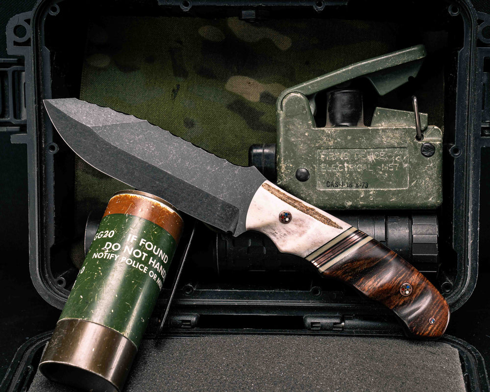 Disaster Breacher- Elk Antler, Desert Tan G10 and Copper Split, Hawaiian Curly Koa, Copper Patriot Mosaic Pins, 1/8" Copper Patriot Mosaic Pin, Textured Grip
