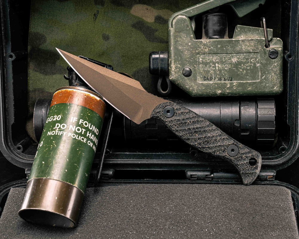Gulo Gulo- Black Burlap Micarta, Midnight Bronze Cerakote, Allen Bolts, Textured Grip