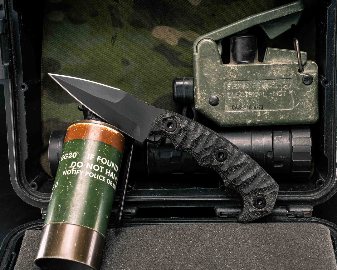 3" HUMINT- Black Burlap Micarta, Armor Black Cerakote, Allen Bolts, Textured Grip