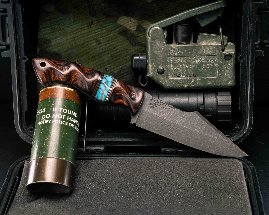 Widow Maker- Desert Ironwood, Black G10 and Copper Pin Striping, Turquoise with Copper Web Tru-stone Split, Copper Patriot Mosaic Pins, Copper Lanyard Pin, Textured Grip