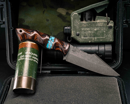 Widow Maker- Desert Ironwood, Black G10 and Copper Pin Striping, Turquoise with Copper Web Tru-stone Split, Copper Patriot Mosaic Pins, Copper Lanyard Pin, Textured Grip