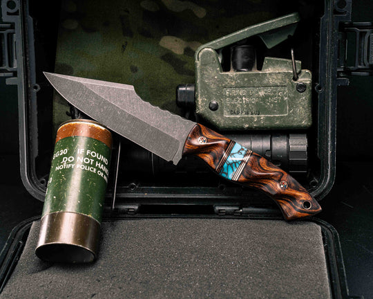 Widow Maker- Desert Ironwood, Black G10 and Copper Pin Striping, Turquoise with Copper Web Tru-stone Split, Copper Patriot Mosaic Pins, Copper Lanyard Pin, Textured Grip