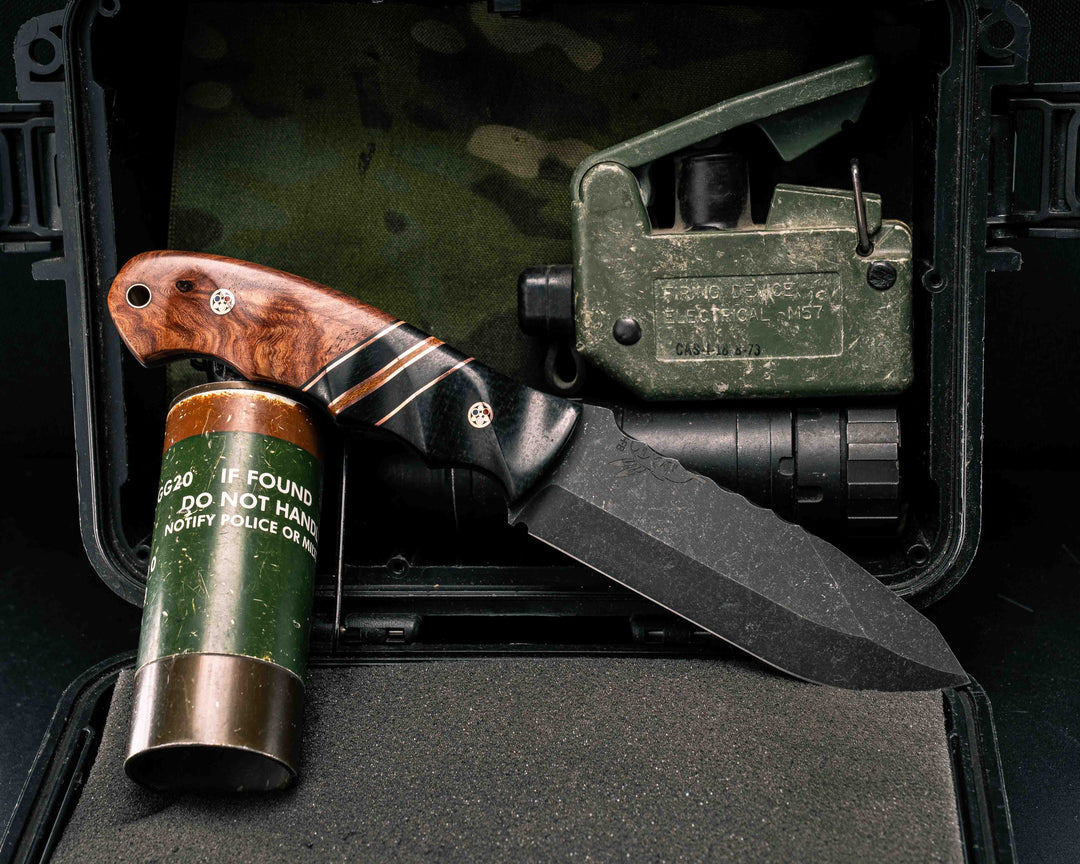 Disaster Breacher- Black Burlap Micarta, Black G10 and Copper Pin Striping, Black Burlap Micarta and Natural Canvas Micarta Split, Afzelia Burl, Copper Patriot Mosaic Pins, Copper Lanyard Pin, Textured Grip
