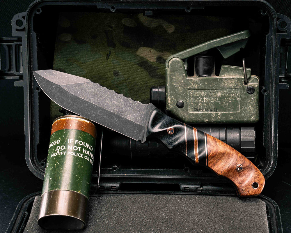 Disaster Breacher- Black Burlap Micarta, Black G10 and Copper Pin Striping, Black Burlap Micarta and Natural Canvas Micarta Split, Afzelia Burl, Copper Patriot Mosaic Pins, Copper Lanyard Pin, Textured Grip