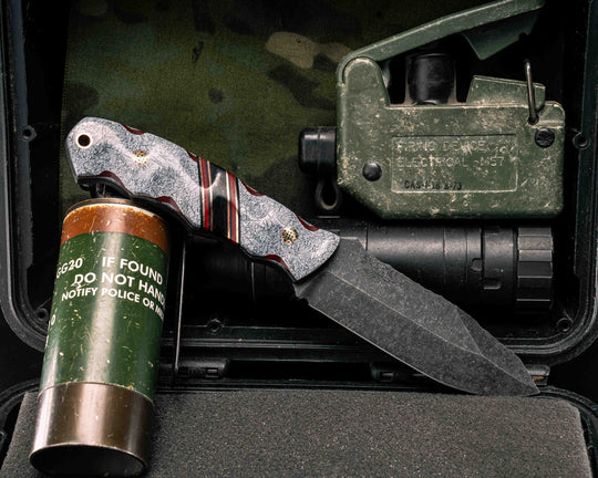 Disaster Jr- Layered Shred Carbon and Red Resin, Black G10, Copper, Cherry G10 and Black Burlap Micarta Split, Mosaic Pins, Copper Lanyard Pin, Textured Grip