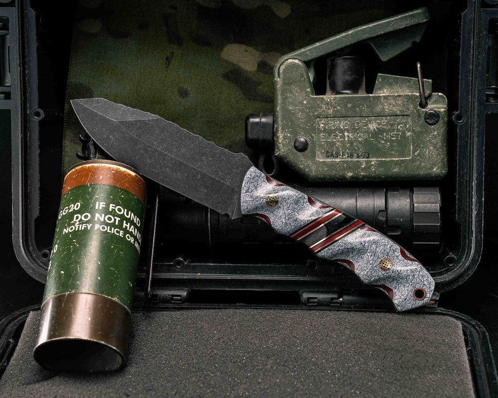 Disaster Jr- Layered Shred Carbon and Red Resin, Black G10, Copper, Cherry G10 and Black Burlap Micarta Split, Mosaic Pins, Copper Lanyard Pin, Textured Grip